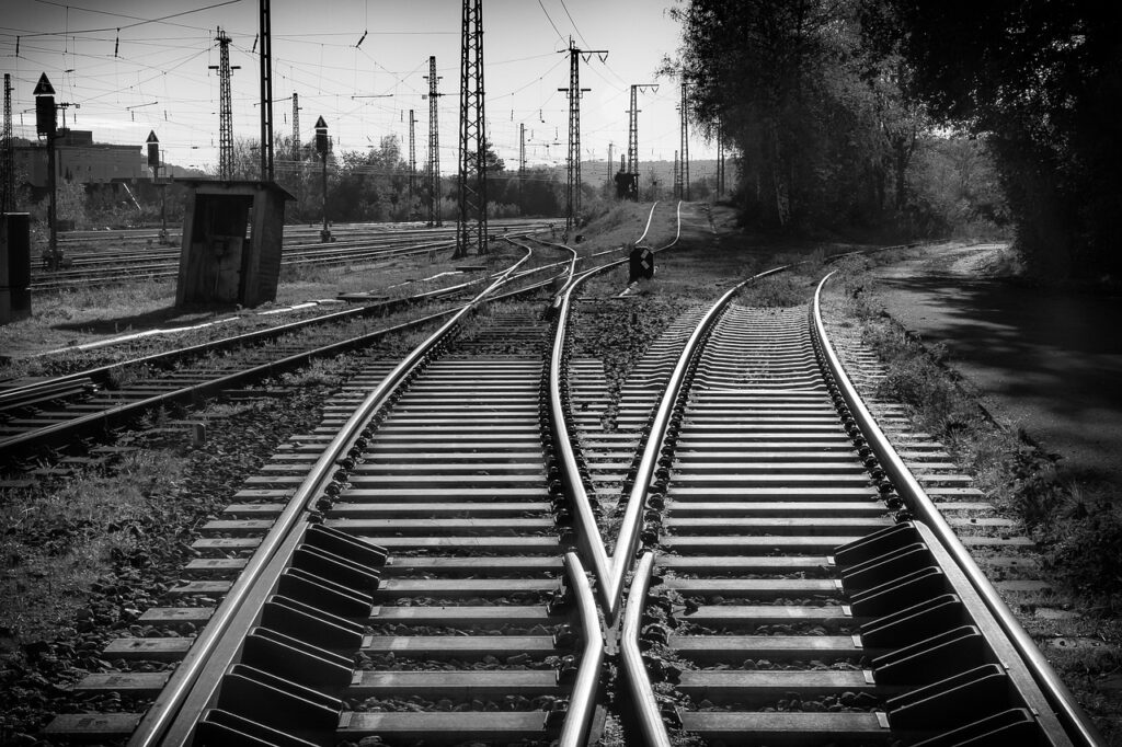 railroad, rails, tracks, rail transport, black-and-white, railway, railroad tracks